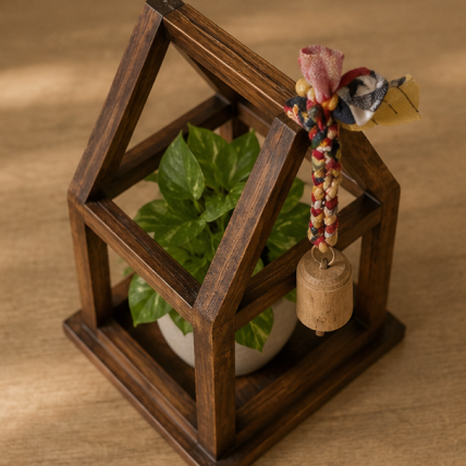 Plant House With Braided Sari and Antique Bell