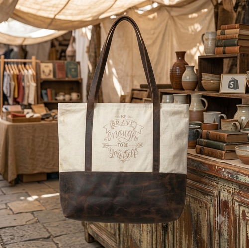 Be Brave Canvas/Leather Tote  - Natural Canvas