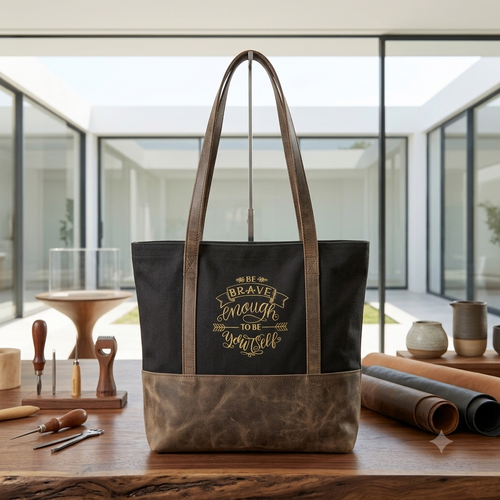 "Be Brave" Charcoal Canvas & Leather Tote Bag