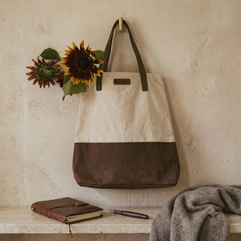 Rustic Canvas & Leather Tote Bag | Handcrafted Everyday Shoulder Bag