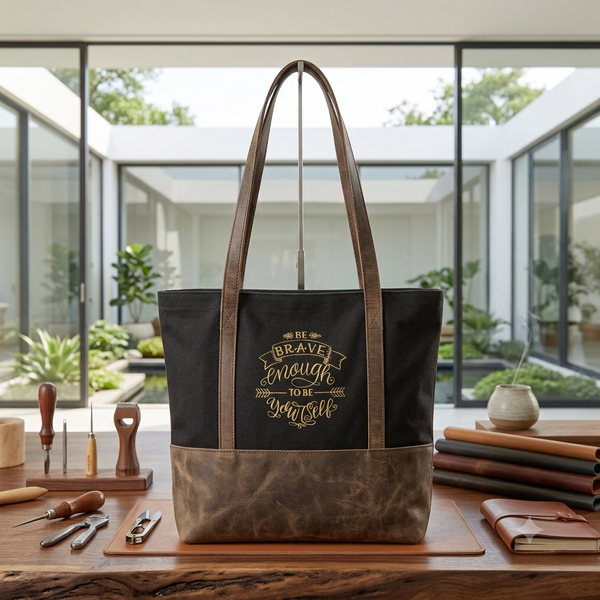 "Be Brave" Charcoal Canvas & Leather Tote Bag