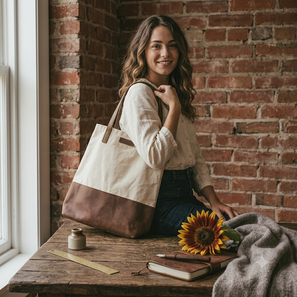 Rustic Canvas & Leather Tote Bag | Handcrafted Everyday Shoulder Bag